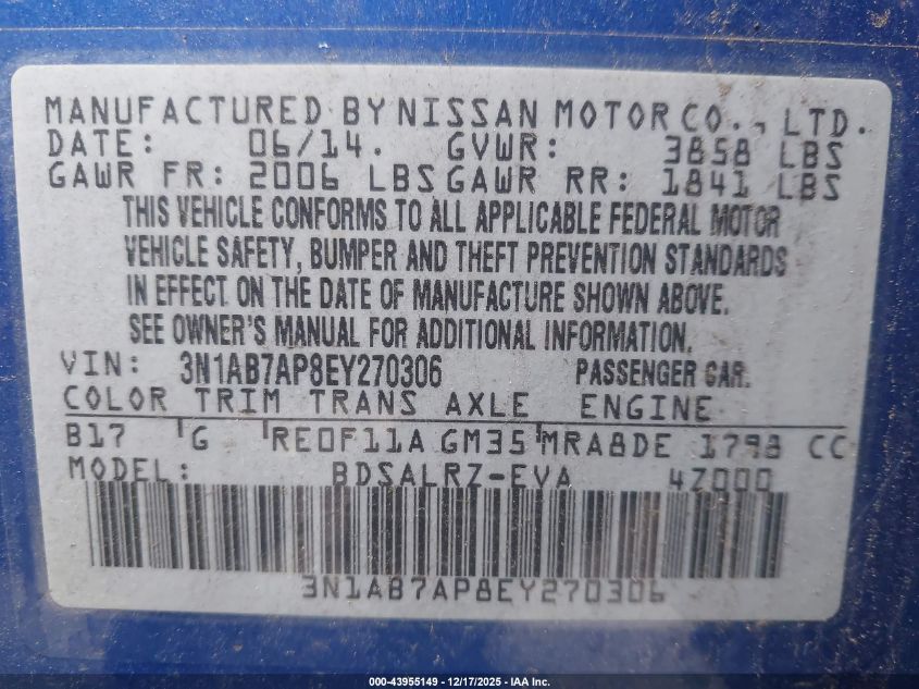 2014 Nissan Sentra Sr VIN: 3N1AB7AP8EY270306 Lot: 43955149