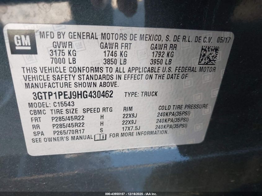 2017 GMC Sierra 1500 Denali VIN: 3GTP1PEJ9HG430462 Lot: 43955157