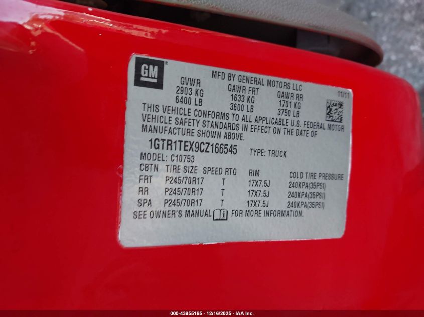 2012 GMC Sierra 1500 Work Truck VIN: 1GTR1TEX9CZ166545 Lot: 43955165