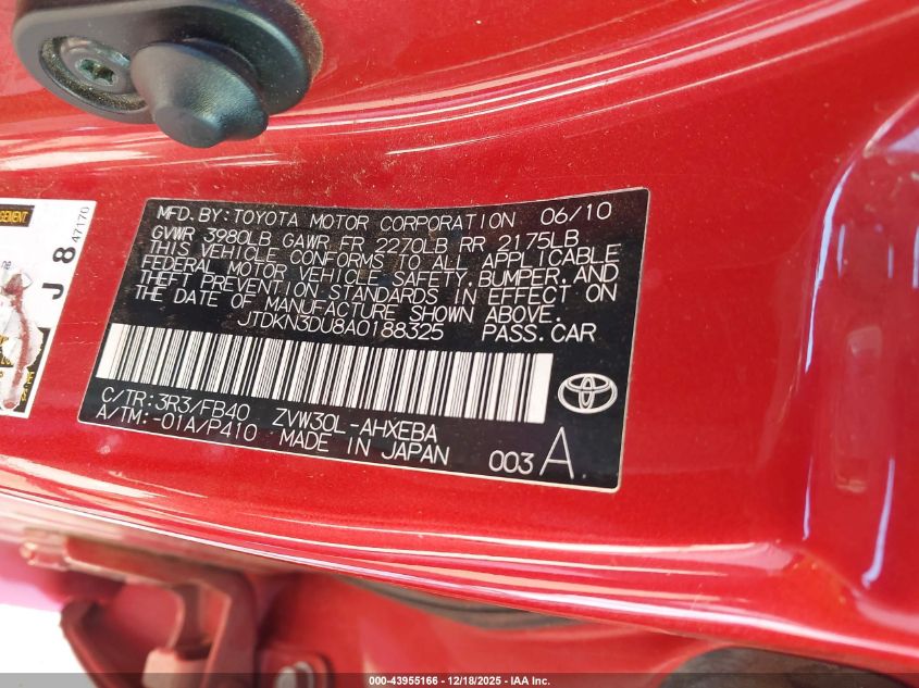 2010 Toyota Prius Iii VIN: JTDKN3DU8A0188325 Lot: 43955166
