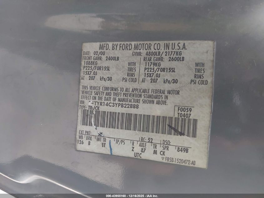 2000 Ford Ranger Xl/Xlt VIN: 1FTYR14C3YPB22888 Lot: 43955168