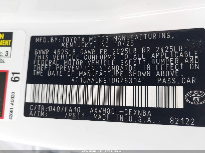 2026 Toyota Camry Le VIN: 4T1DAACK8TU676304 Lot: 43955171