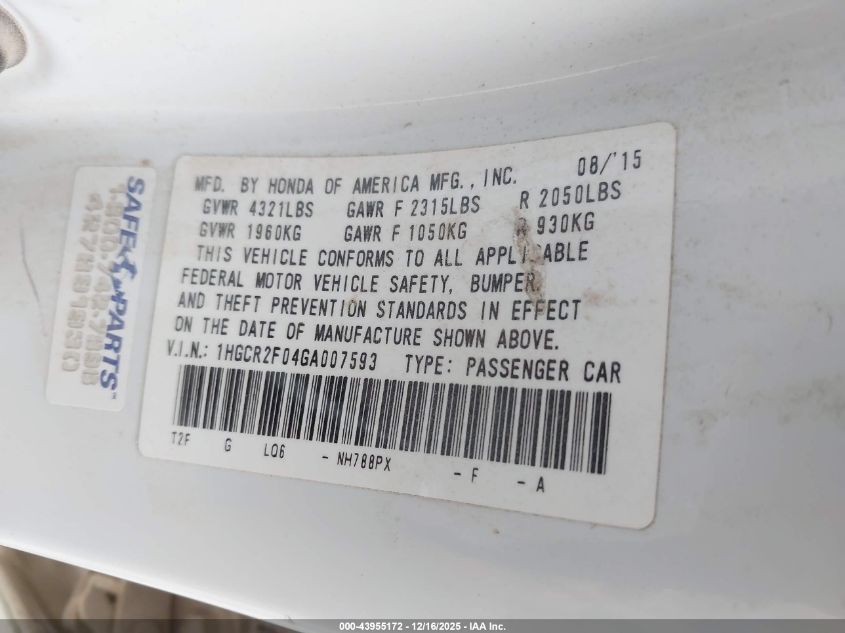 2016 Honda Accord Ex VIN: 1HGCR2F04GA007593 Lot: 43955172