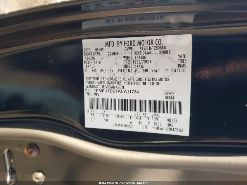 2010 Ford Explorer Xlt VIN: 1FMEU7DE1AUA11734 Lot: 43955173