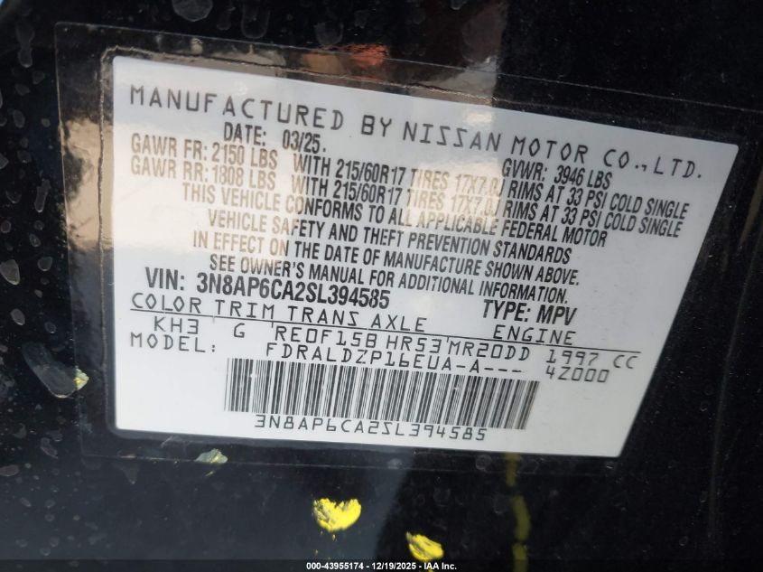 2025 Nissan Kicks Sv Fwd VIN: 3N8AP6CA2SL394585 Lot: 43955174