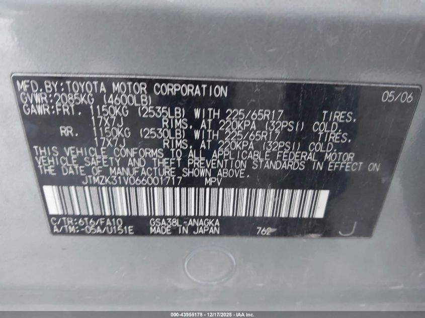 2006 Toyota Rav4 Limited V6 VIN: JTMZK31V066001717 Lot: 43955178