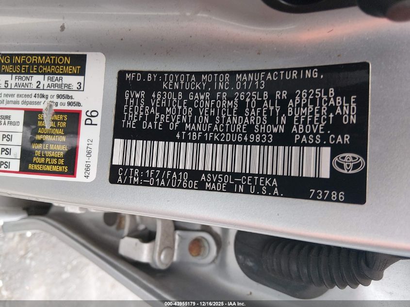 2013 Toyota Camry L VIN: 4T1BF1FK2DU649833 Lot: 43955179