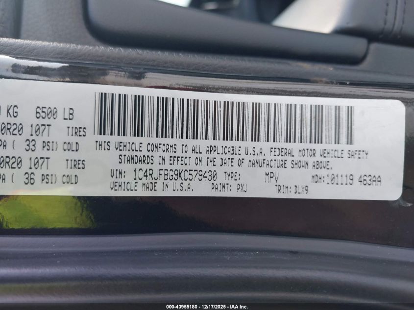 2019 Jeep Grand Cherokee Limited 4X4 VIN: 1C4RJFBG9KC579430 Lot: 43955180