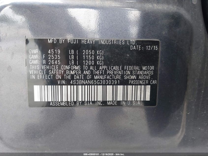 2016 Subaru Legacy 2.5I Limited VIN: 4S3BNAN65G3030391 Lot: 43955181