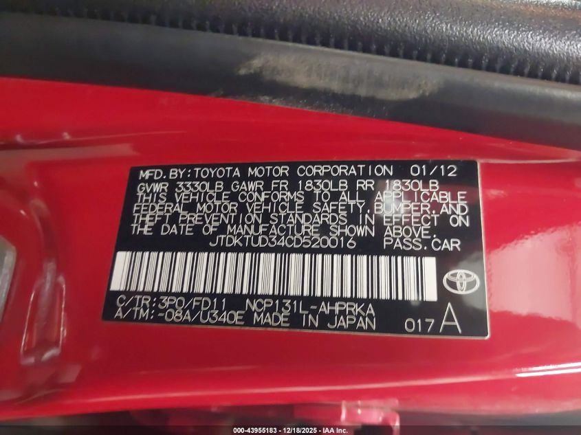 2012 Toyota Yaris Se VIN: JTDKTUD34CD520016 Lot: 43955183