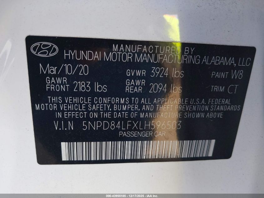 2020 Hyundai Elantra Sel VIN: 5NPD84LFXLH596503 Lot: 43955185