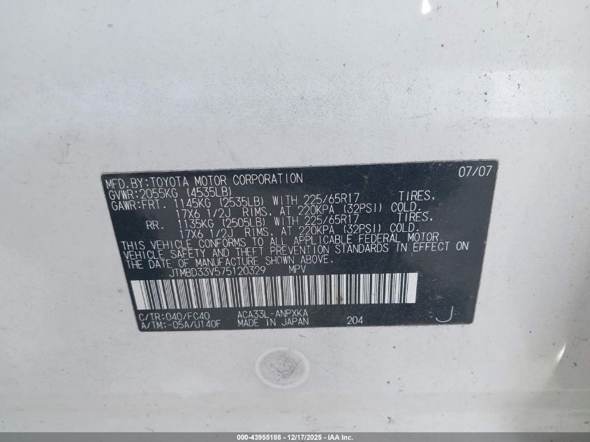 2007 Toyota Rav4 VIN: JTMBD33V575120329 Lot: 43955188
