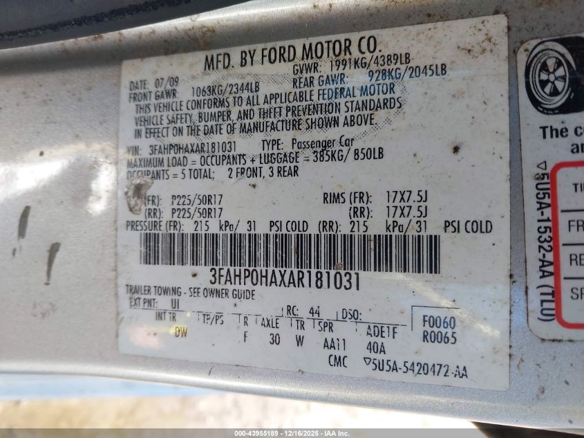 2010 Ford Fusion Se VIN: 3FAHP0HAXAR181031 Lot: 43955189