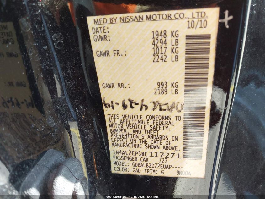 2011 Nissan Altima 2.5 S VIN: 1N4AL2EP5BC117271 Lot: 43955192