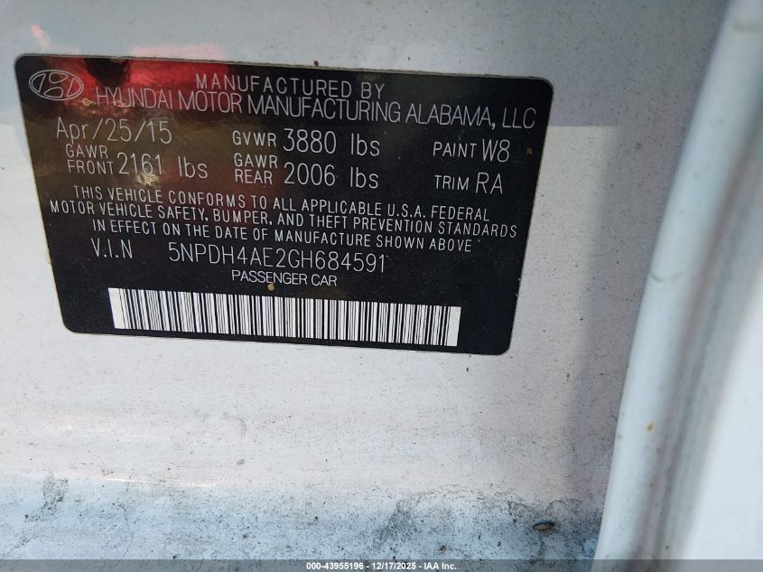 2016 Hyundai Elantra Se VIN: 5NPDH4AE2GH684591 Lot: 43955196