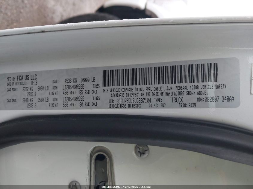 2018 Ram 2500 Lone Star 4X4 6'4 Box VIN: 3C6UR5DL0JG337104 Lot: 43955197