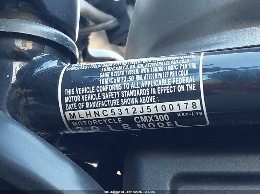2018 Honda Cmx300 VIN: MLHNC5312J5100178 Lot: 43955198