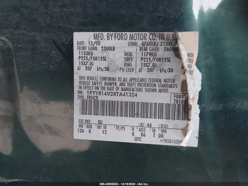1999 Ford Ranger Xl/Xlt VIN: 1FTYR14V2XTA41324 Lot: 43955202