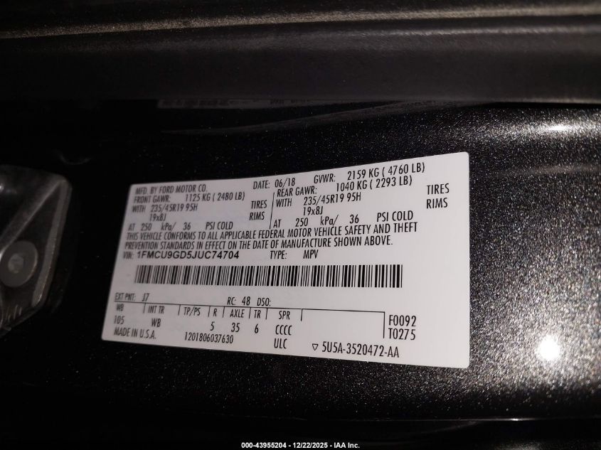 2018 Ford Escape Se VIN: 1FMCU9GD5JUC74704 Lot: 43955204