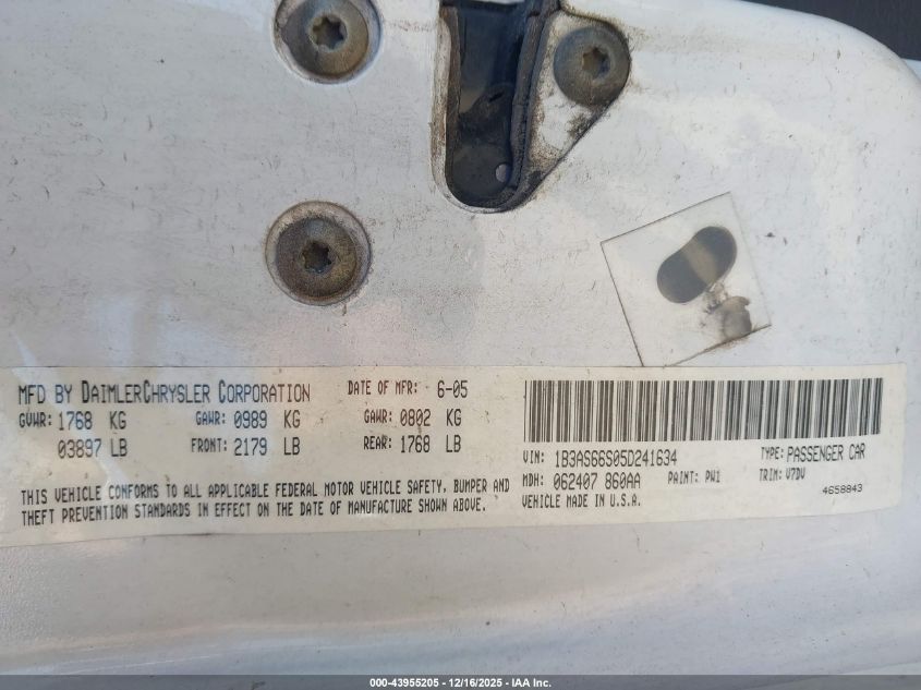 2005 Dodge Srt4 VIN: 1B3AS66S05D241634 Lot: 43955205