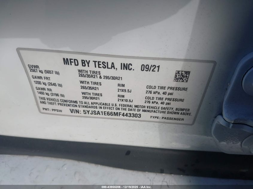 2021 Tesla Model S Plaid Tri Motor All-Wheel Drive VIN: 5YJSA1E66MF443303 Lot: 43955206
