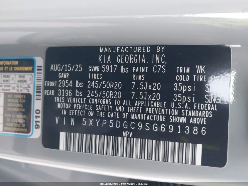 2025 Kia Telluride Sx Prestige X-Line VIN: 5XYP5DGC9SG691386 Lot: 43955209