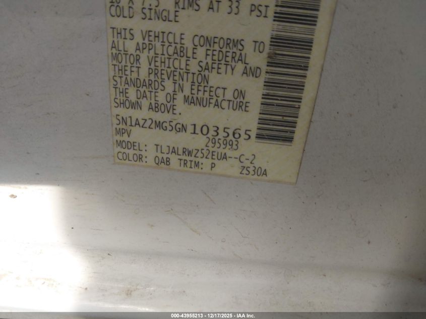 2016 Nissan Murano Sl VIN: 5N1AZ2MG5GN103565 Lot: 43955213