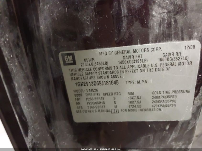 2009 GMC Acadia Sle-1 VIN: 1GKEV13D69J181645 Lot: 43955218