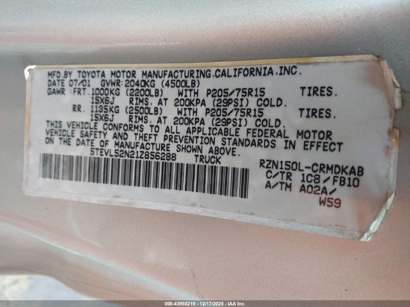 2001 Toyota Tacoma VIN: 5TEVL52N21Z856288 Lot: 43955219