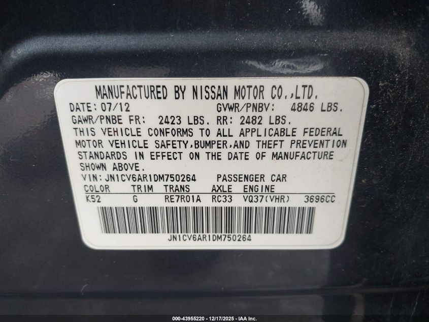 2013 Infiniti G37X VIN: JN1CV6AR1DM750264 Lot: 43955220