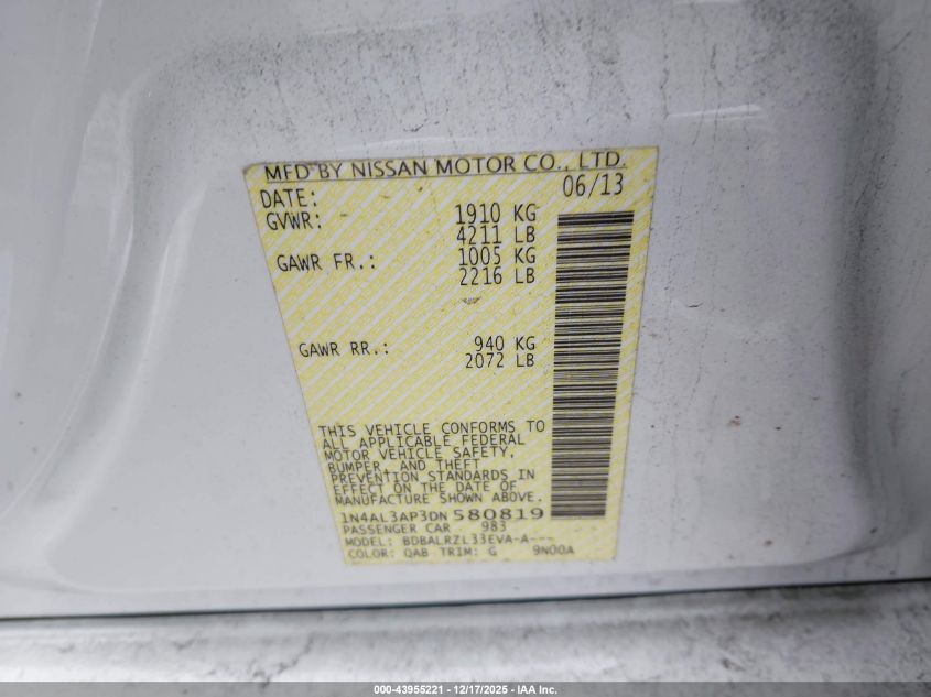 2013 Nissan Altima 2.5 S VIN: 1N4AL3AP3DN580819 Lot: 43955221