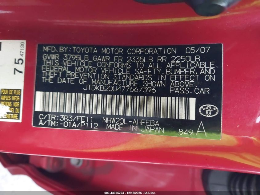 2007 Toyota Prius VIN: JTDKB20U477667396 Lot: 43955224