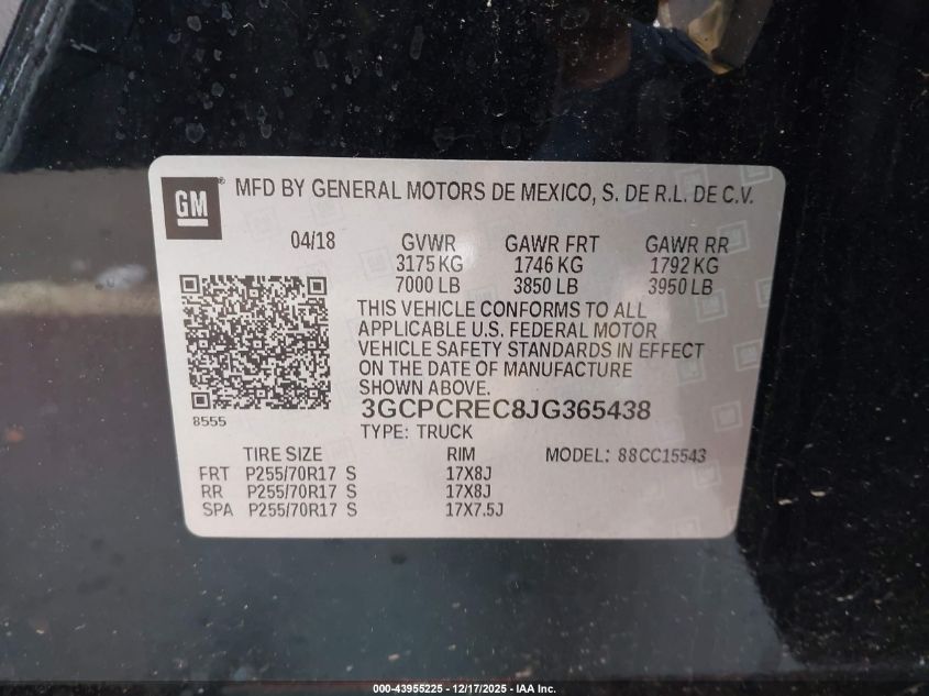 2018 Chevrolet Silverado 1500 1Lt VIN: 3GCPCREC8JG365438 Lot: 43955225