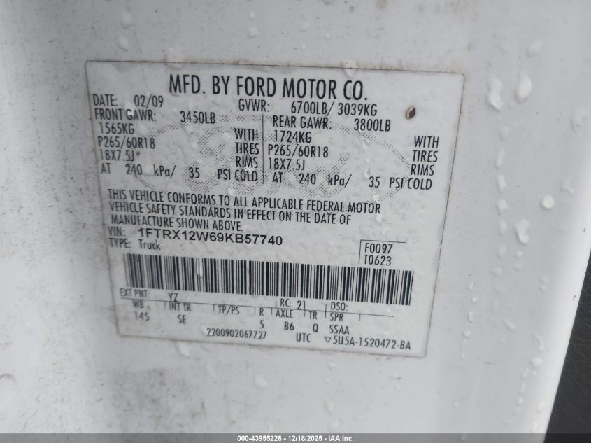 2009 Ford F-150 Stx/Xl VIN: 1FTRX12W69KB57740 Lot: 43955226