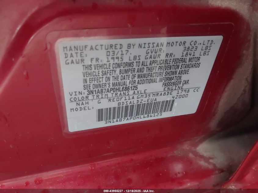 2017 Nissan Sentra Sv VIN: 3N1AB7AP0HL686125 Lot: 43955227