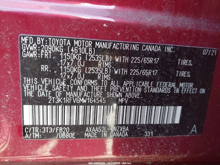 2021 Toyota Rav4 Le VIN: 2T3K1RFV6MW164545 Lot: 43955229