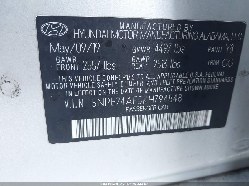 2019 Hyundai Sonata Se VIN: 5NPE24AF5KH794848 Lot: 43955230