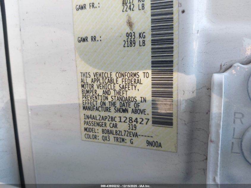 2011 Nissan Altima 2.5 S VIN: 1N4AL2AP2BC128427 Lot: 43955232