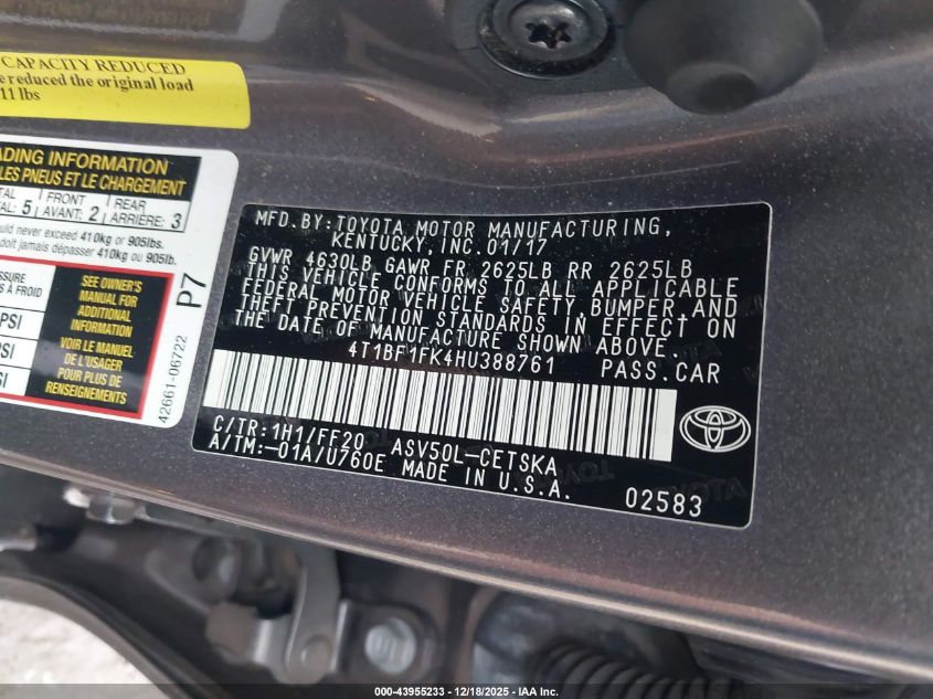 2017 Toyota Camry Se VIN: 4T1BF1FK4HU388761 Lot: 43955233