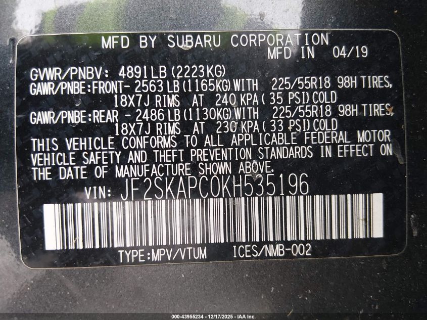 2019 Subaru Forester Sport VIN: JF2SKAPC0KH535196 Lot: 43955234
