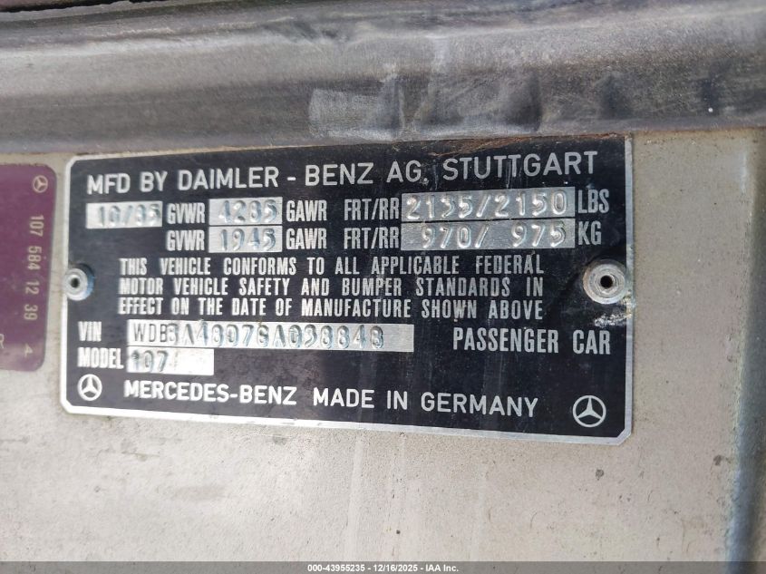 1986 Mercedes-Benz 560 Sl VIN: WDBBA48D7GA038848 Lot: 43955235