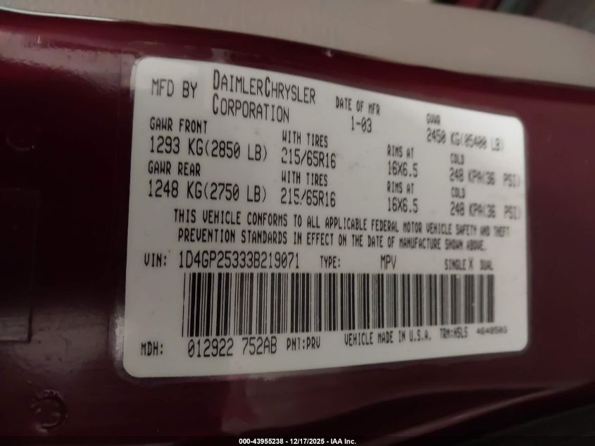 2003 Dodge Caravan Se VIN: 1D4GP25333B219071 Lot: 43955238