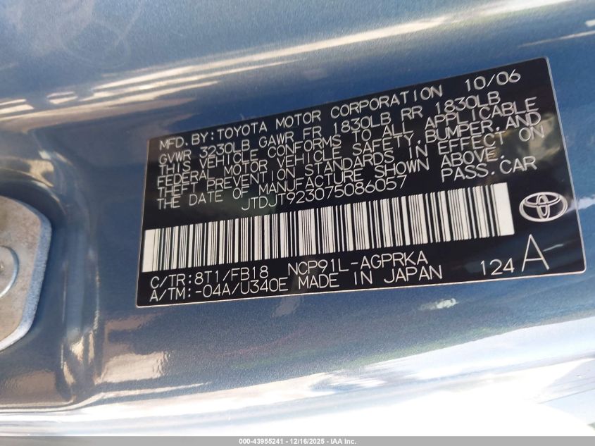 2007 Toyota Yaris VIN: JTDJT923075086057 Lot: 43955241