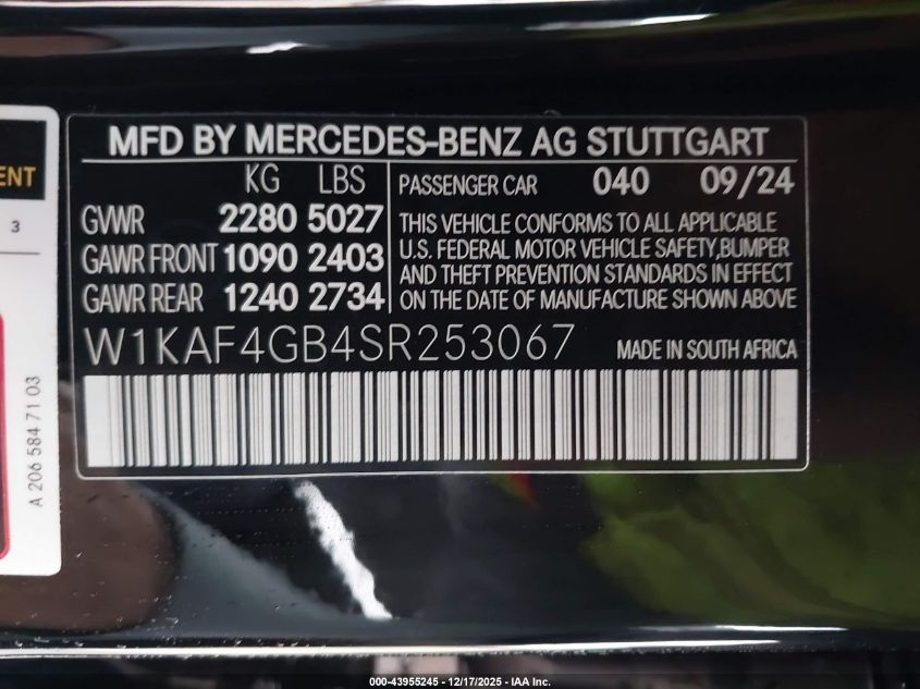 2025 Mercedes-Benz C 300 VIN: W1KAF4GB4SR253067 Lot: 43955245