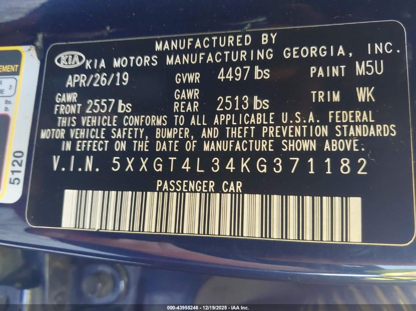 2019 Kia Optima Lx VIN: 5XXGT4L34KG371182 Lot: 43955246