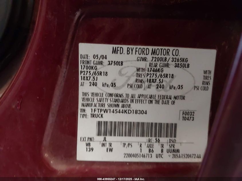 2004 Ford F-150 Fx4/Lariat/Xlt VIN: 1FTPW14544KD18304 Lot: 43955247