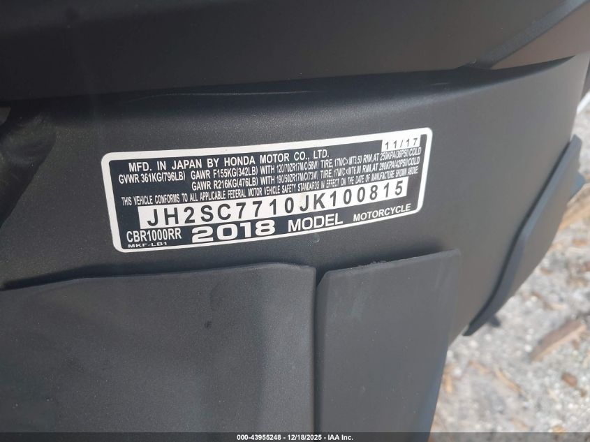 2018 Honda Cbr1000 Rr VIN: JH2SC7710JK100815 Lot: 43955248