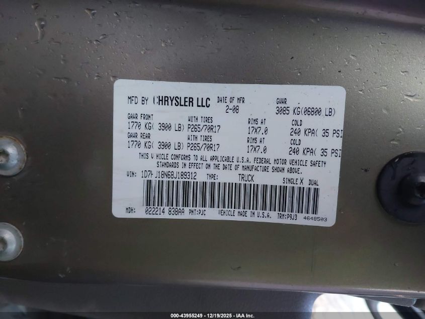 2008 Dodge Ram 1500 St/Sxt VIN: 1D7HU18N68J189312 Lot: 43955249