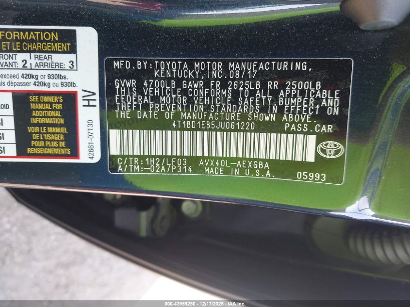 2018 Toyota Avalon Hybrid Xle VIN: 4T1BD1EB5JU061220 Lot: 43955250