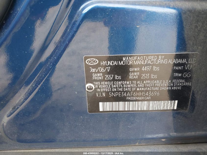 2017 Hyundai Sonata Sport VIN: 5NPE34AF6HH543696 Lot: 43955253